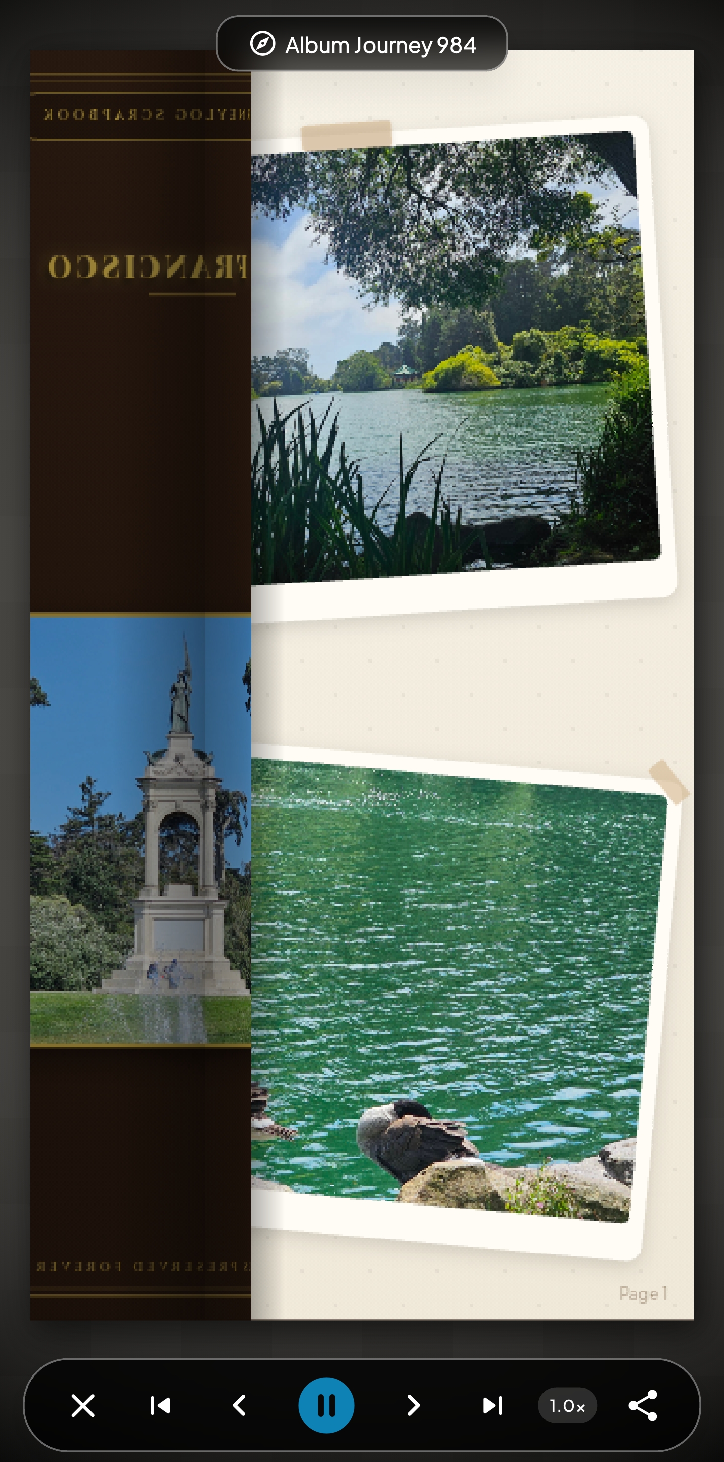 Scrapbook reader layout with photos and journal entries